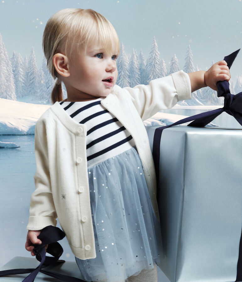 Babies' long-sleeved dress in two materials blue/multicolor