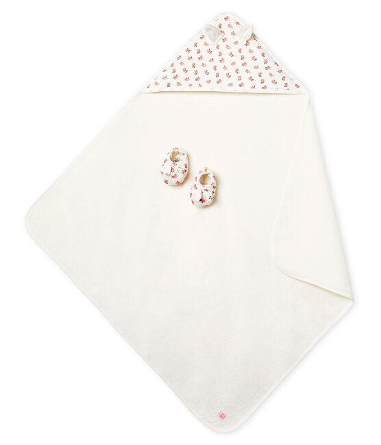 Unisex Babies' Square Bath Towel and Bootees in Terry and Rib Knit MARSHMALLOW white/GRETEL pink/MULTICO