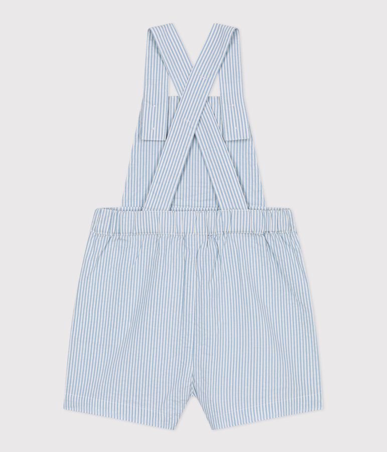Babies' short-legged stripy cotton dungarees MARSHMALLOW blue/FLO