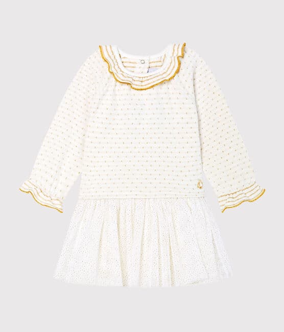 Baby Girls' Long-Sleeved Dual Material Dress MARSHMALLOW white/OR yellow