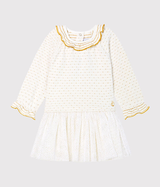 Baby Girls' Long-Sleeved Dual Material Dress MARSHMALLOW white/OR yellow