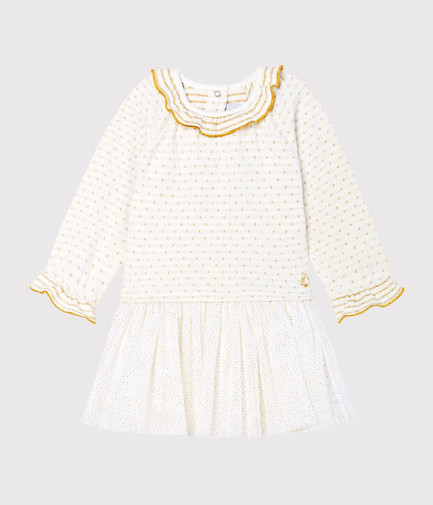 Baby Girls' Long-Sleeved Dual Material Dress white/yellow