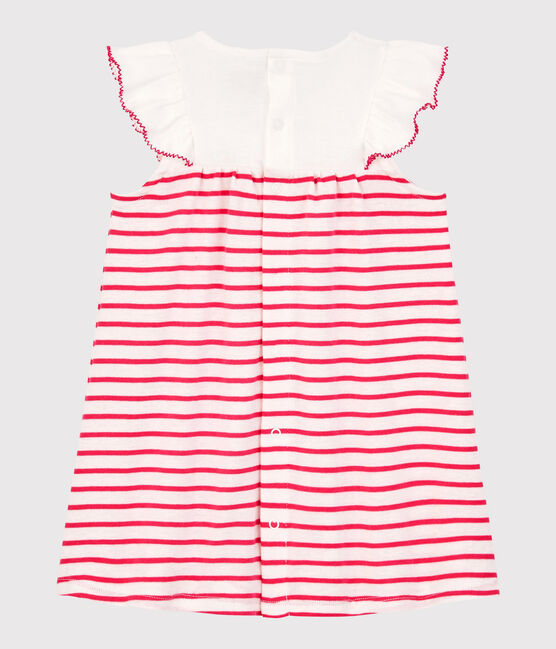 Baby Girls' Short-Sleeved Stripy Ribbed Dress MARSHMALLOW white/GEISHA pink