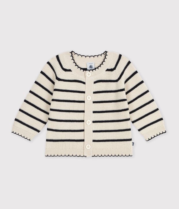 Babies' cardigan in stripy cotton Ecru/blue