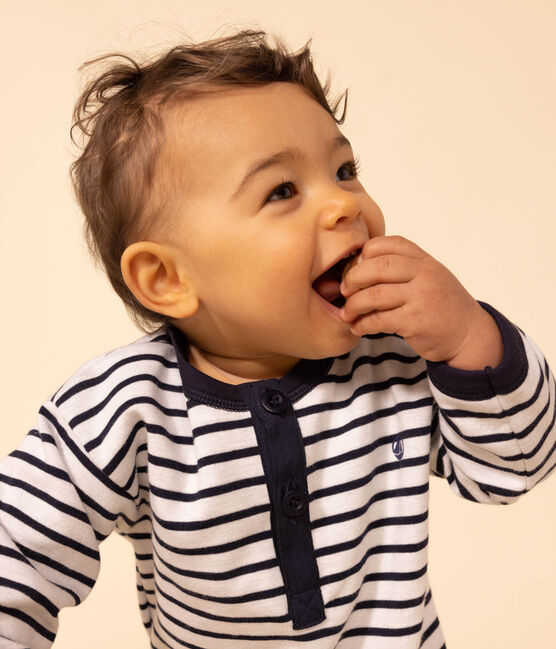 Babies' Thick Jersey Stripy Breton Jumpsuit MARSHMALLOW white/SMOKING blue