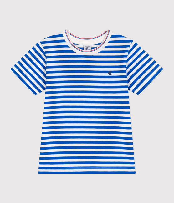 Children's short-sleeved stripy cotton T-shirt PORCELANA blue/MARSHMALLOW
