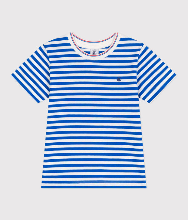 Children's short-sleeved stripy cotton T-shirt blue/white