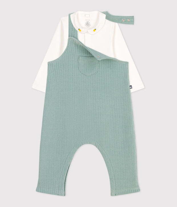 Newborn baby set with dungarees and an embroidered cotton body green