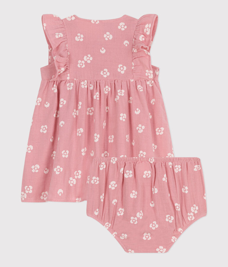 Babies' floral print cotton gauze dress and bloomers pink/white