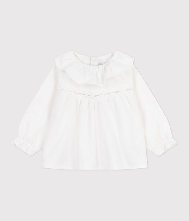 Babies' long-sleeved cotton poplin blouse with a collar and embroidery white