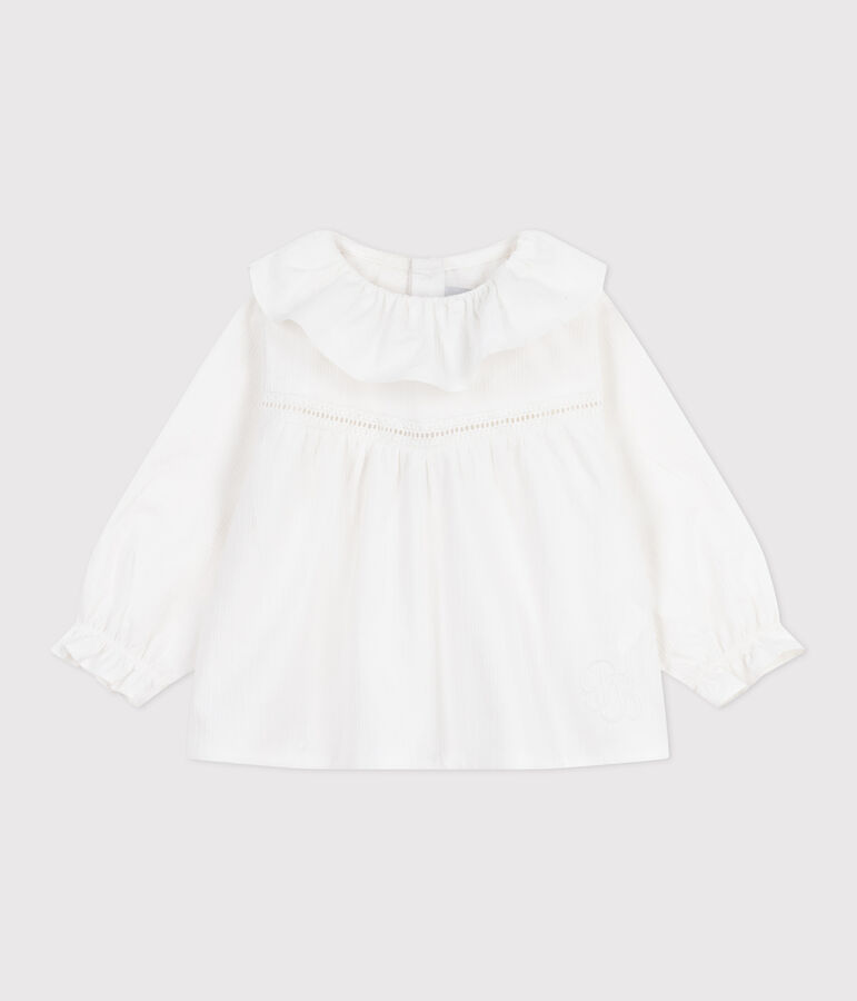 Babies' long-sleeved cotton poplin blouse with a collar and embroidery white