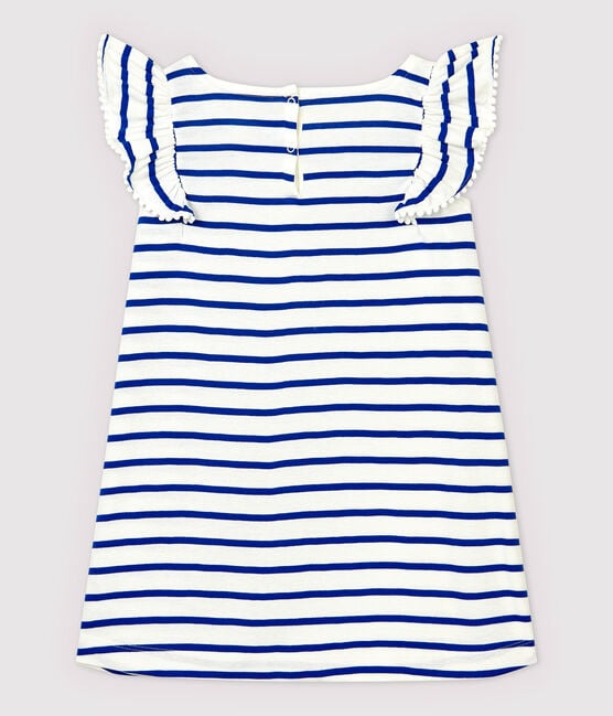 Girls' Short-Sleeved Cotton Dress MARSHMALLOW white/SURF blue