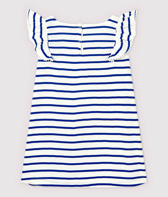 Girls' Short-Sleeved Cotton Dress MARSHMALLOW white/SURF blue