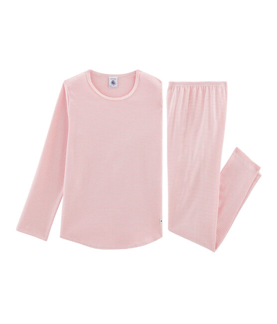 Girls' Ribbed Pyjamas CHARME pink/MARSHMALLOW white