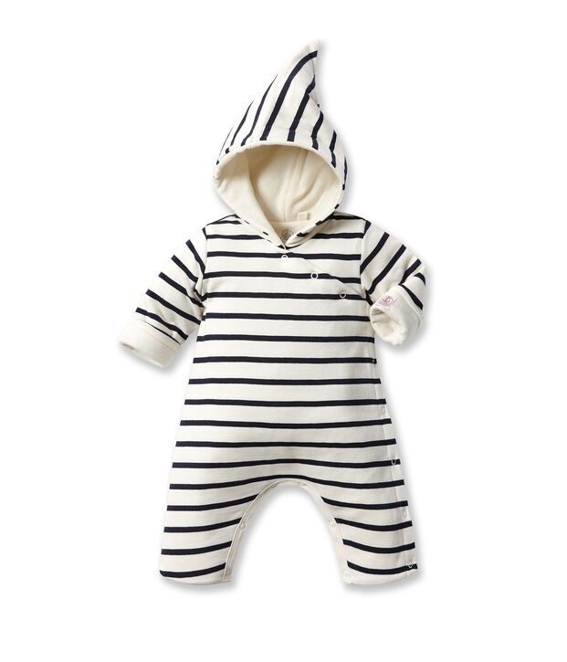 Baby's striped hooded all-in-one white/blue