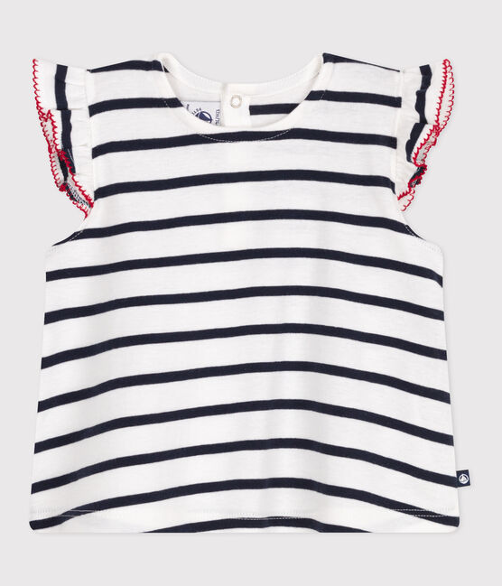 Babies' sleeveless stripy cotton blouse MARSHMALLOW white/SMOKING blue