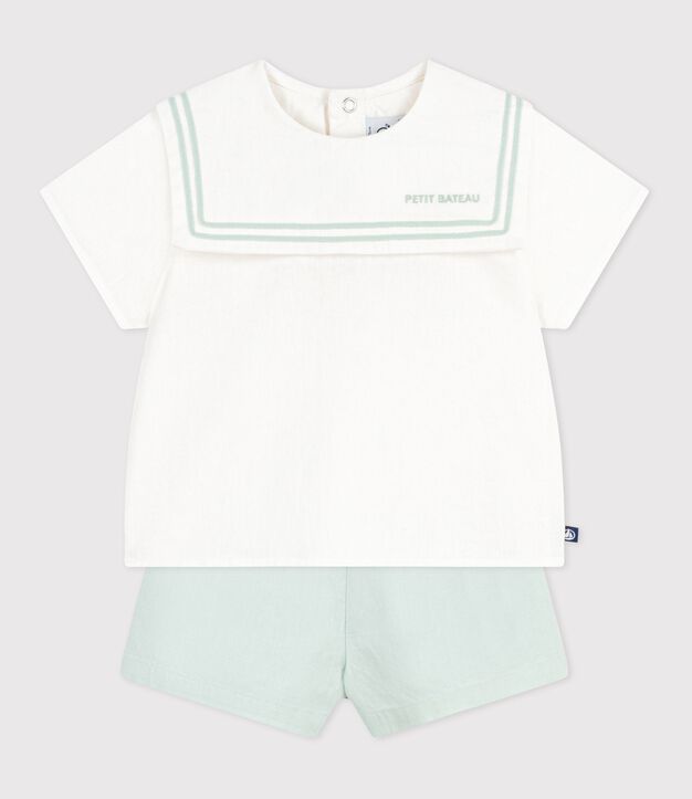 Babies' 2-piece cotton/linen outfit, with a sailor collar top white/blue