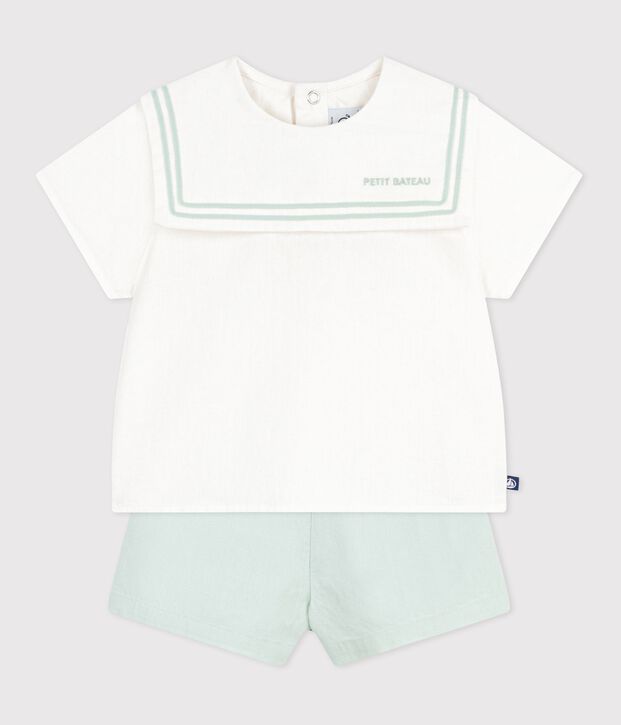 Babies' 2-piece cotton/linen outfit, with a sailor collar top white/blue