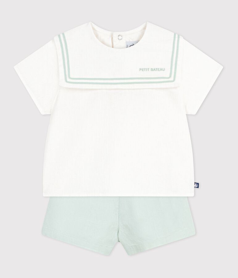 Babies' 2-piece cotton/linen outfit, with a sailor collar top white/blue