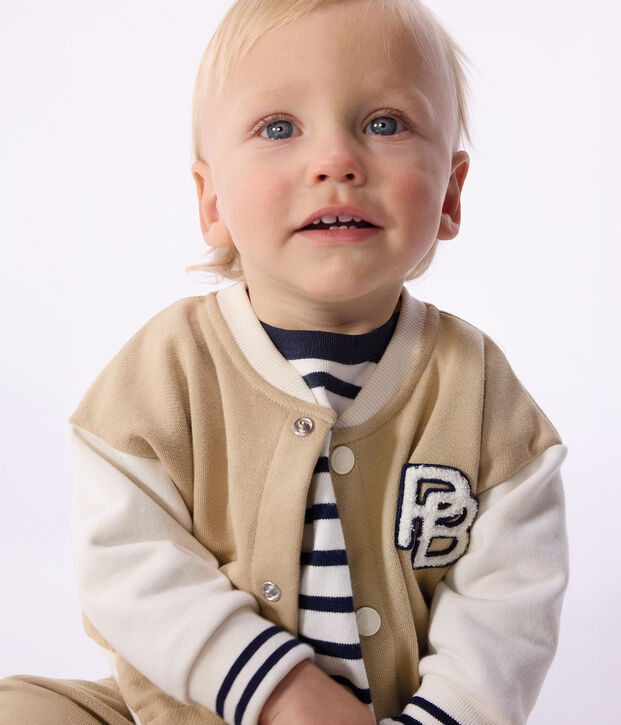 Babies' varsity-style jacket in colourblock cotton with a badge beige/ecru