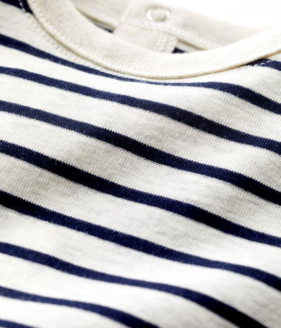 Babies' Cotton Striped Short-Sleeved T-Shirt MONTELIMAR beige/SMOKING blue