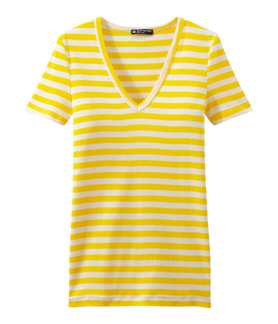 Women's striped original rib V-neck T-shirt SHINE yellow/MARSHMALLOW white