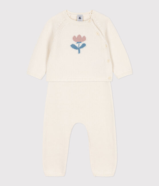 Babies' Wool/Cotton Knit 2-Piece Outfit MARSHMALLOW white