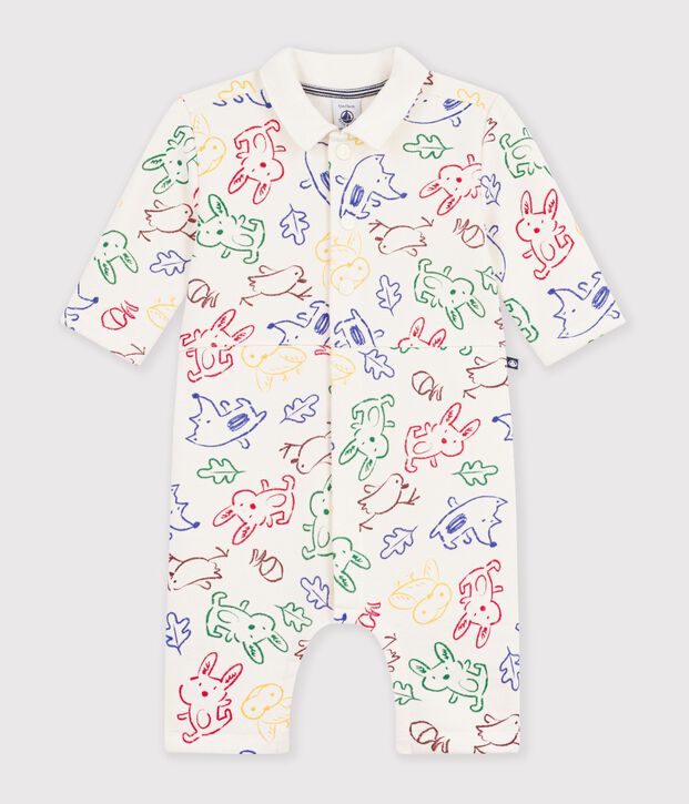 Babies' long animal print cotton jumpsuit Ecru/multicolor