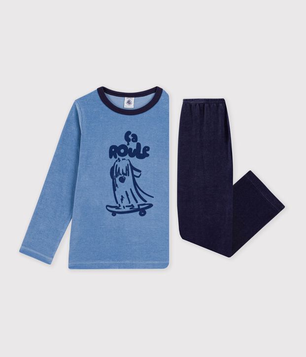 Children's plain velour pyjamas with a fun motif blue/blue