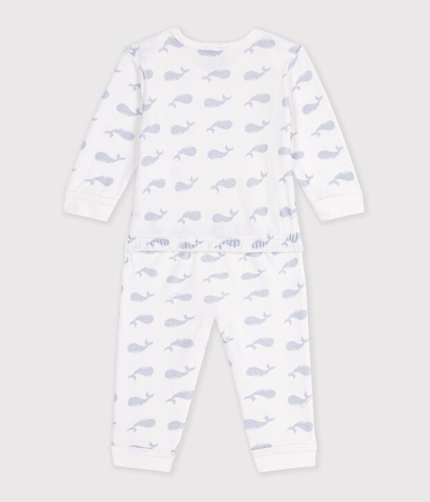 Babies' whale-print velour popper-free pyjamas white/blue