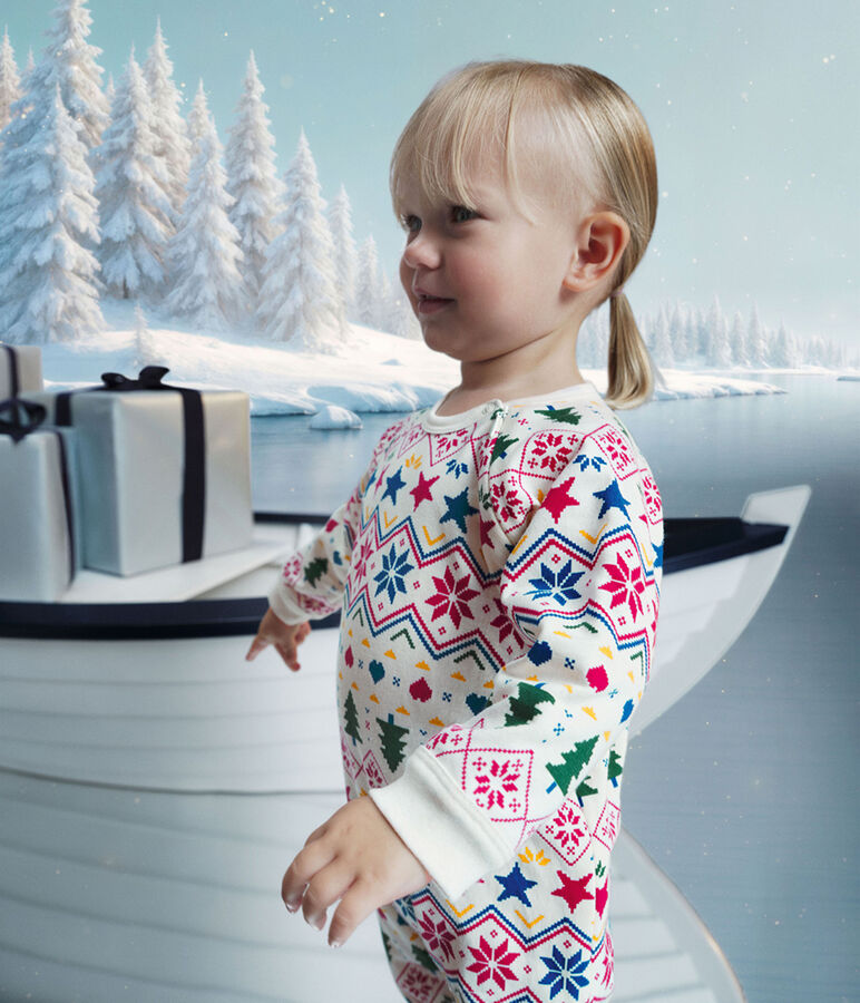 Babies' Christmas-print pyjamas in brushed fleece with a zip Ecru/multicolor
