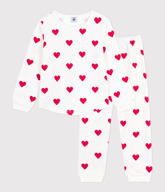 Children's pyjamas in heart-printed fleece MARSHMALLOW white/TERKUIT red