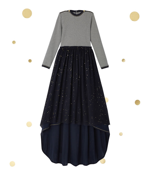 Girl's long-sleeved dress with a 2-in-1 look Petit bateau x Marie-Agn&egrave;s Gillot blue/white