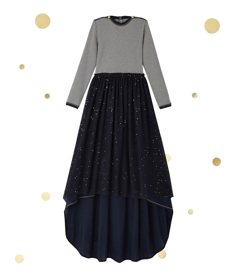 Girl's long-sleeved dress with a 2-in-1 look Petit bateau x Marie-Agn&egrave;s Gillot blue/white