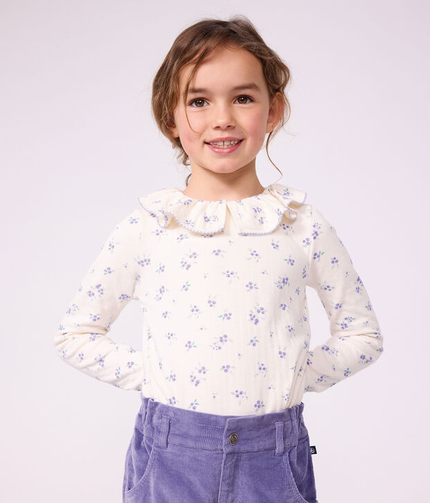 Children's long-sleeved floral T-shirt with a collar Ecru/multicolor