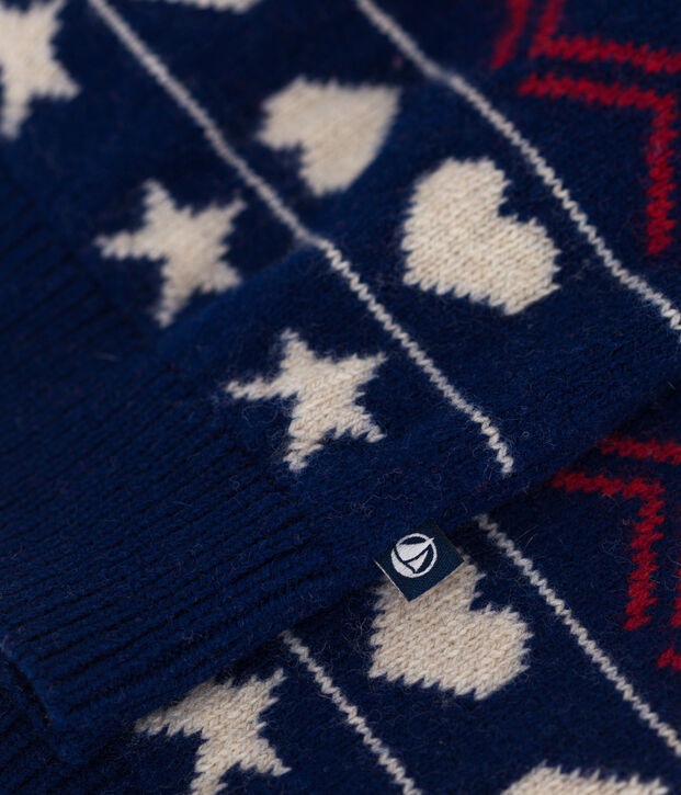 Boys' wool jacquard and cotton cardigan blue/multicolor