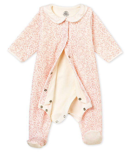 Baby girl's Bodyjama in print cotton velour MARSHMALLOW white/JOLI pink
