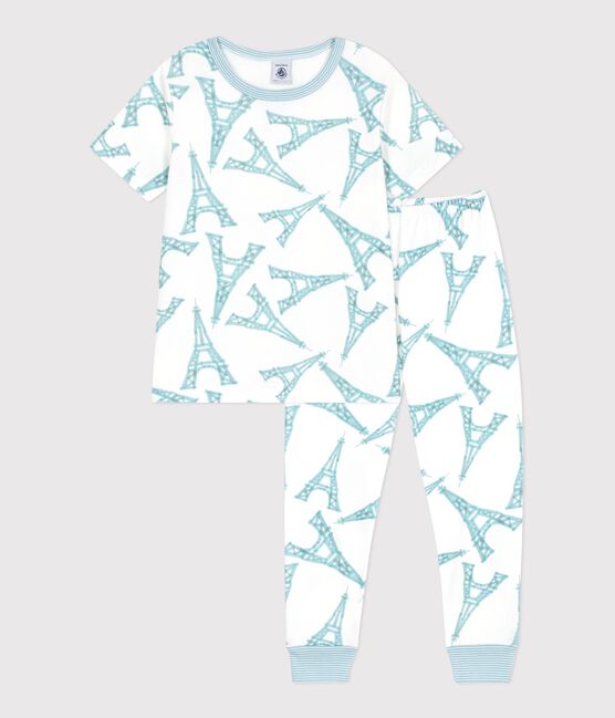 Children's short-sleeved long-leg Eiffel Tower pattern cotton pyjamas MARSHMALLOW white/MULTICO white