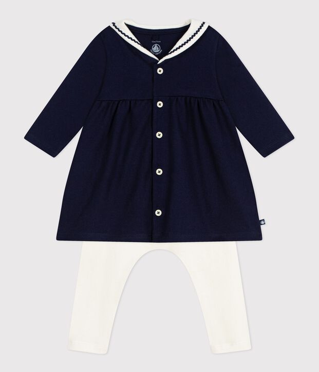 Babies' dress in a sailor style with a sailor collar and cotton leggings blue/ecru