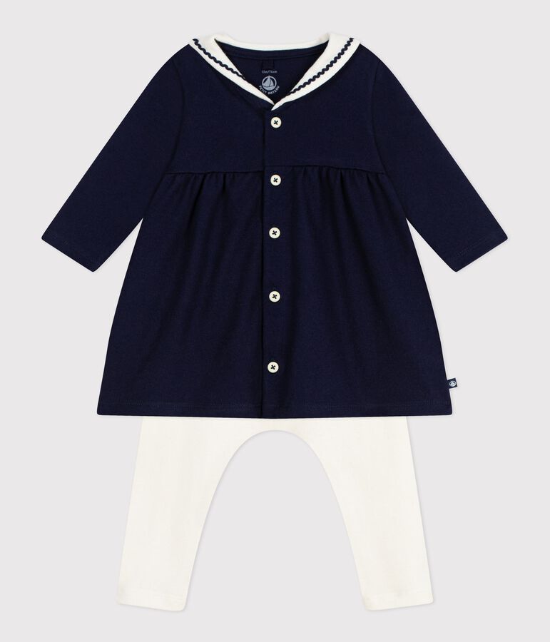 Babies' dress in a sailor style with a sailor collar and cotton leggings blue/ecru