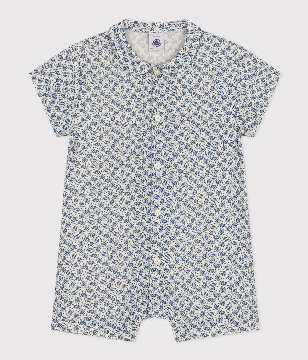 Babies' Short Cotton Gauze Playsuit Ecru/blue