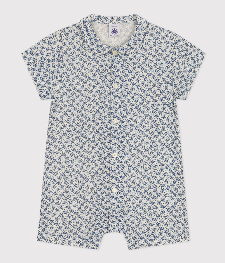 Babies' Short Cotton Gauze Playsuit Ecru/blue