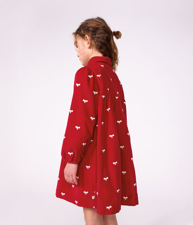 Children's corduroy dress with long sleeves and printed with bows red/ecru