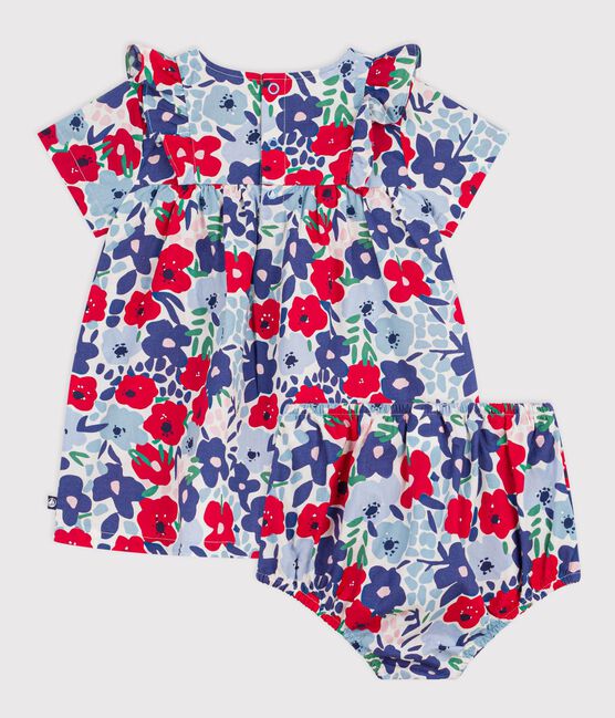 Babies' short-sleeved cotton dress and matching bloomers printed with hearts MARSHMALLOW white/MULTICO white