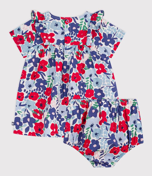 Babies' short-sleeved cotton dress and matching bloomers printed with hearts white/multicolor