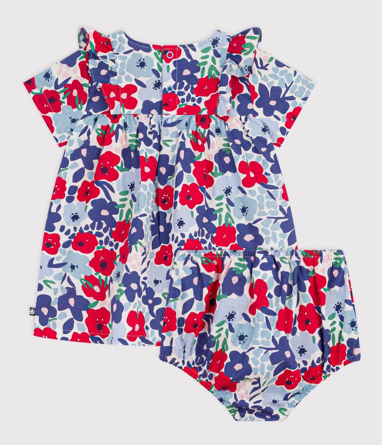 Babies' short-sleeved cotton dress and matching bloomers printed with hearts white/multicolor