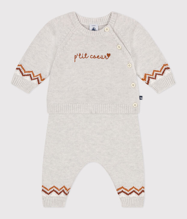 Babies' two-piece knitted outfit with a &lsquo;P'tit C&oelig;ur&rsquo; print beige/multicolor