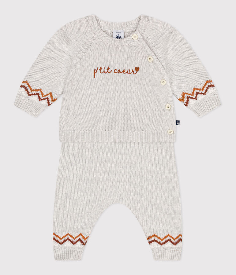 Babies' two-piece knitted outfit with a &lsquo;P'tit C&oelig;ur&rsquo; print beige/multicolor