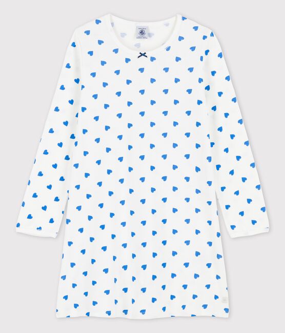 Girls' Blue Heart Patterned Long-Sleeved Cotton Nightdress MARSHMALLOW white/BRASIER blue