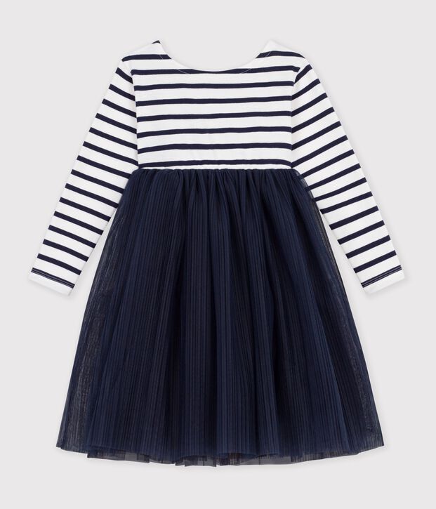Children's long-sleeved stripy cotton and tulle dress white/blue